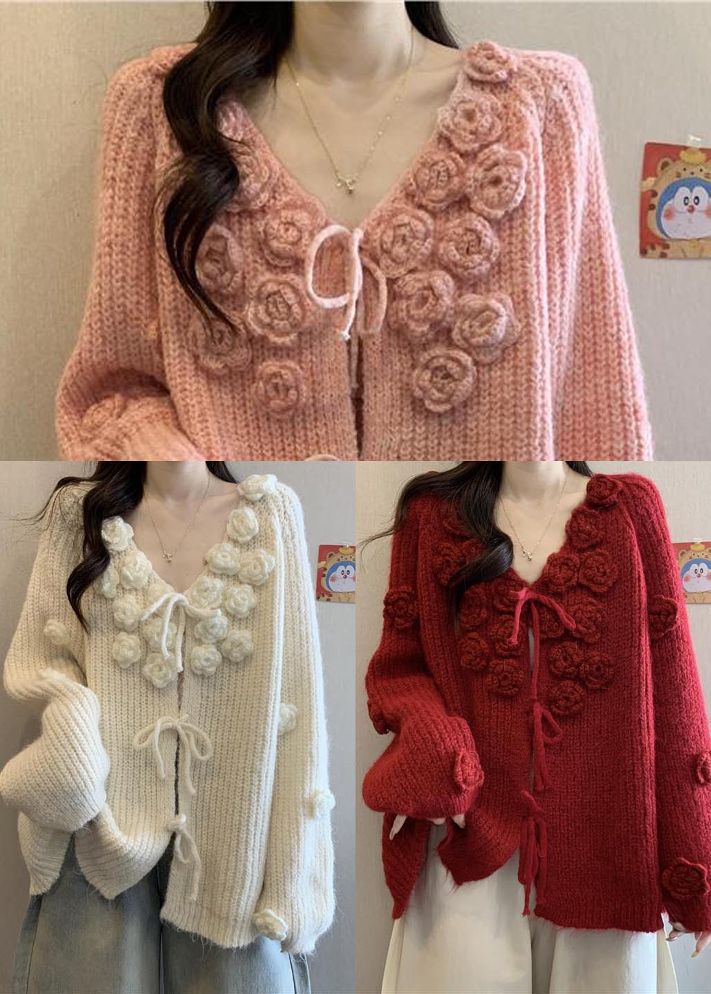 Women Pink Stereoscopic Floral Thick Knit Cardigan Fall