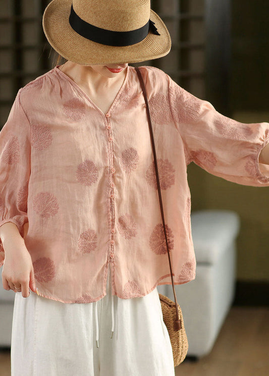 Women Pink V Neck Embroidered Linen Shirt Top Lantern Sleeve