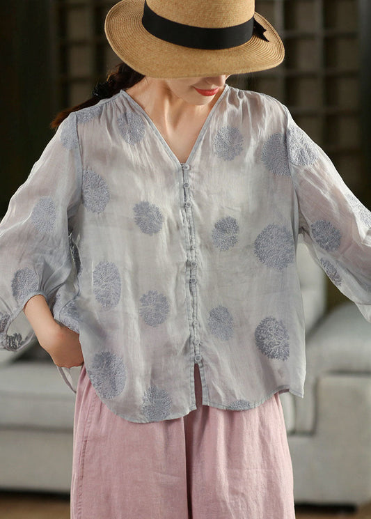 Women Pink V Neck Embroidered Linen Shirt Top Lantern Sleeve