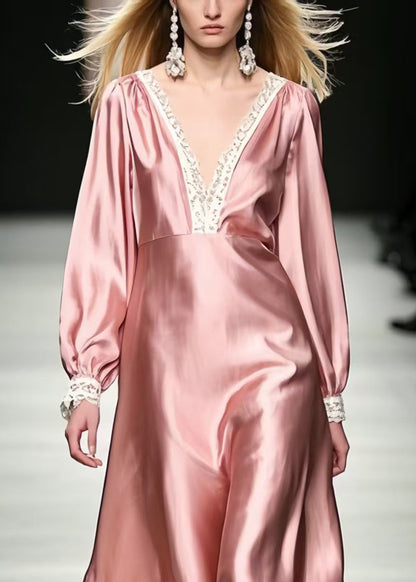 Women Pink V Neck Patchwork Silk Vacation Dresses Spring