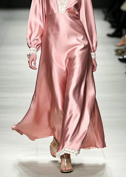 Women Pink V Neck Patchwork Silk Vacation Dresses Spring