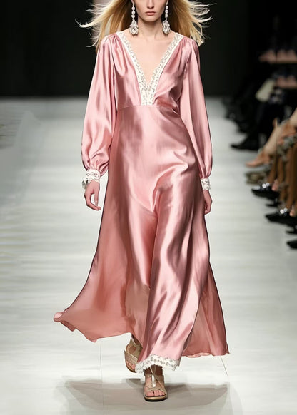 Women Pink V Neck Patchwork Silk Vacation Dresses Spring