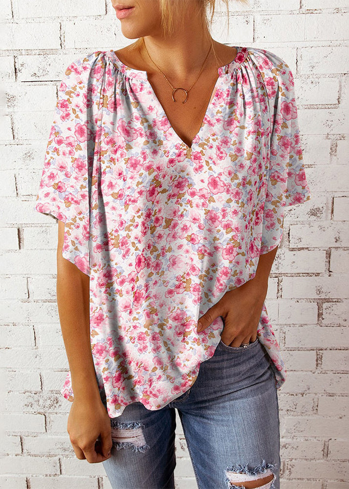 Women Pink V Neck Print Tops Summer