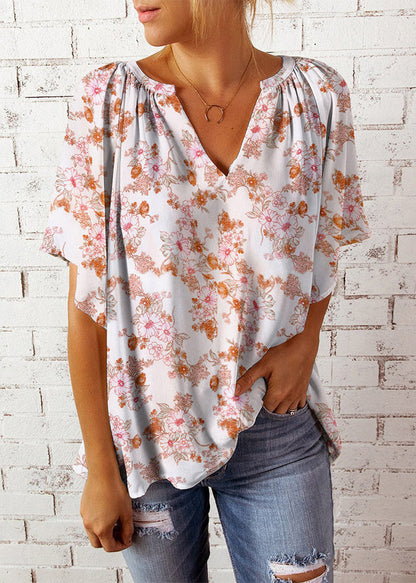 Women Pink V Neck Print Tops Summer
