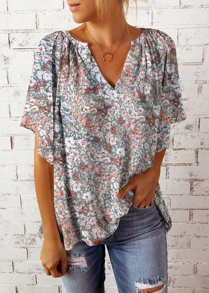 Women Pink V Neck Print Tops Summer