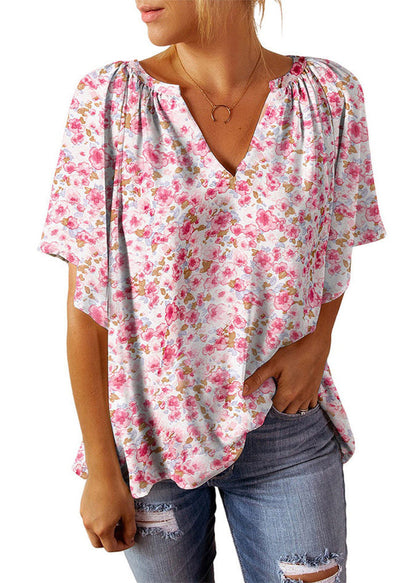 Women Pink V Neck Print Tops Summer