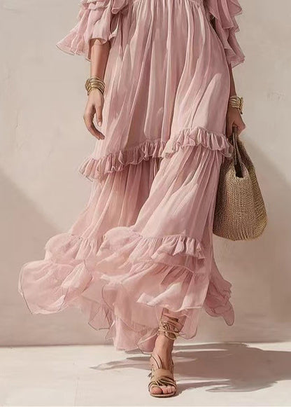 Women Pink V Neck Ruffled Cold Shoulder Long Dress Summer