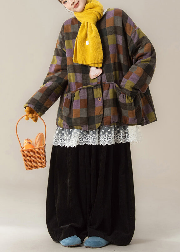 Conjunto de tres piezas de parka cálida a cuadros para mujer, top y pantalones anchos de invierno