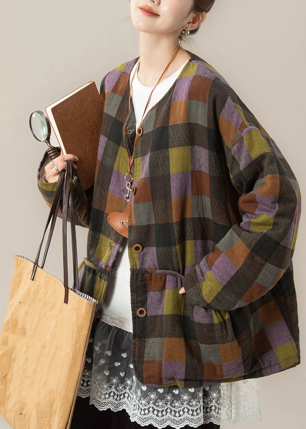 Conjunto de tres piezas de parka cálida a cuadros para mujer, top y pantalones anchos de invierno