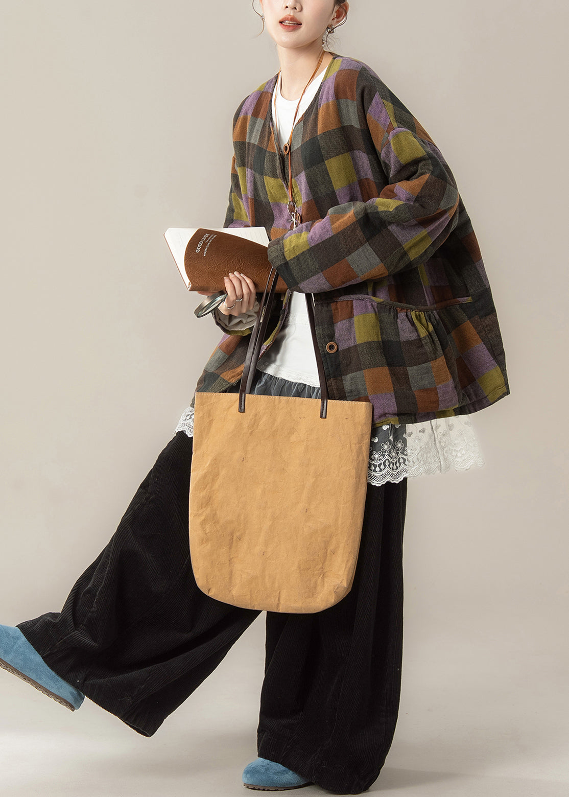 Conjunto de tres piezas de parka cálida a cuadros para mujer, top y pantalones anchos de invierno