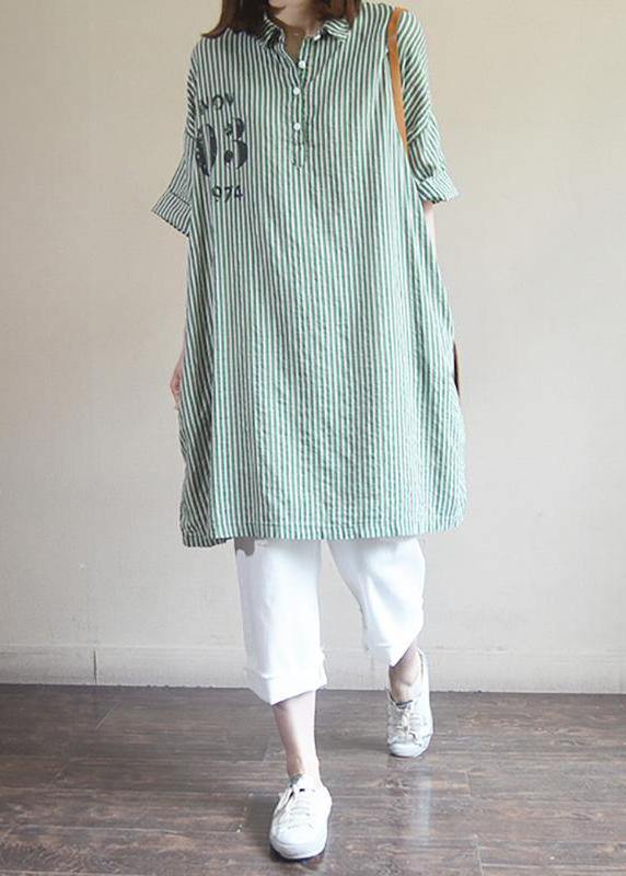 Women Plus Size Green Striped Style cotton clothes Letter Printed Long Sleeve Shirt - SooLinen