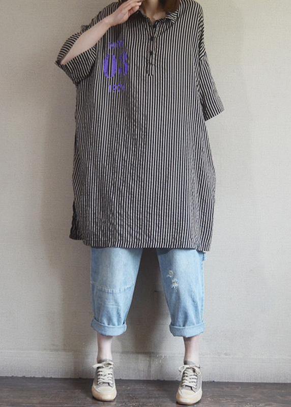 Women Plus Size Green Striped Style cotton clothes Letter Printed Long Sleeve Shirt - SooLinen