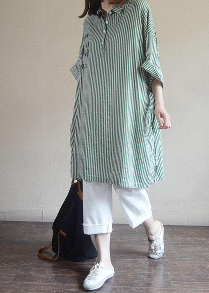 Women Plus Size Green Striped Style cotton clothes Letter Printed Long Sleeve Shirt - SooLinen