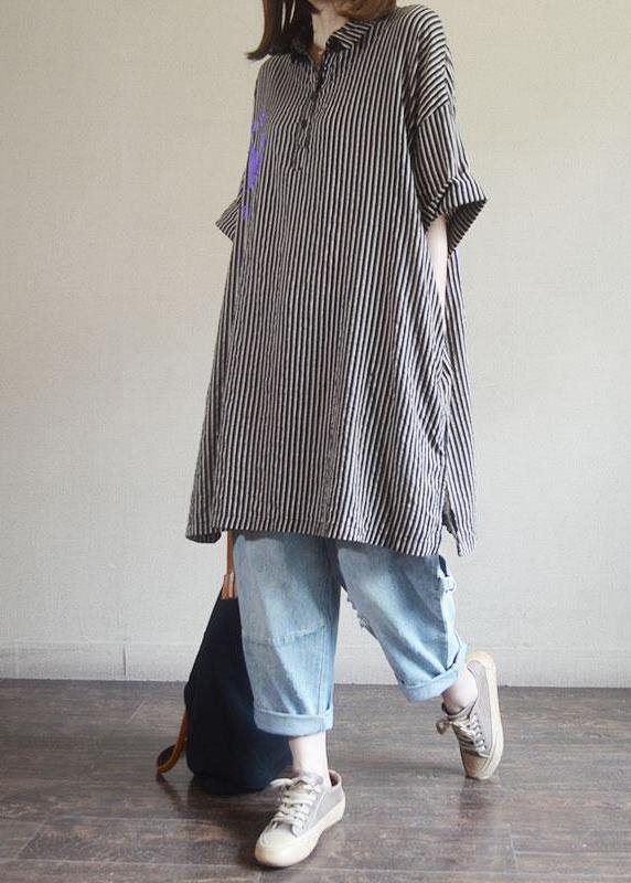 Women Plus Size Green Striped Style cotton clothes Letter Printed Long Sleeve Shirt - SooLinen