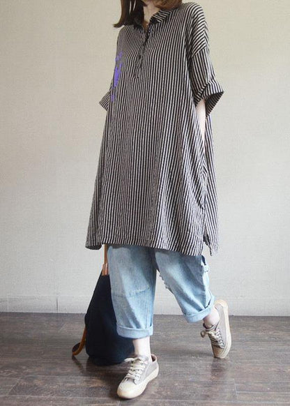 Women Plus Size Green Striped Style cotton clothes Letter Printed Long Sleeve Shirt - SooLinen