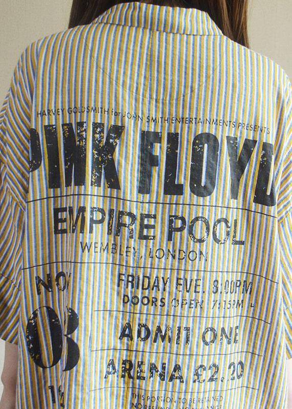 Women Plus Size Green Striped Style cotton clothes Letter Printed Long Sleeve Shirt - SooLinen