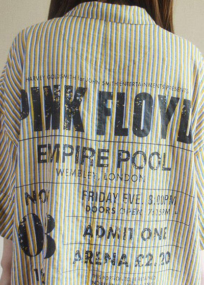 Women Plus Size Green Striped Style cotton clothes Letter Printed Long Sleeve Shirt - SooLinen