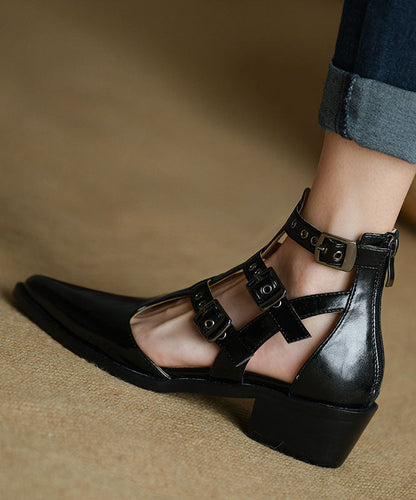 Frauen Spitzschuh Reißverschluss Spleißen Chunky Sandalen Schwarz Rindsleder