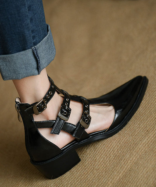 Frauen Spitzschuh Reißverschluss Spleißen Chunky Sandalen Schwarz Rindsleder