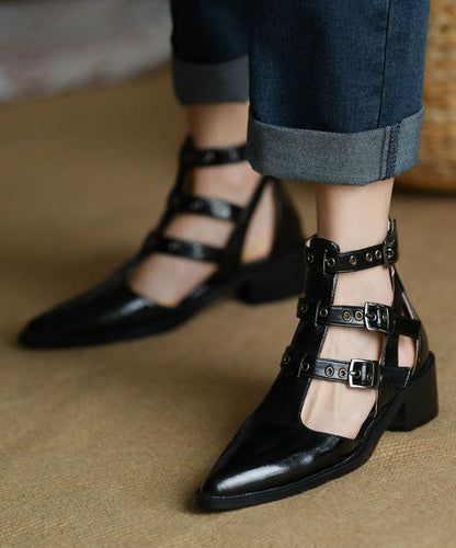 Frauen Spitzschuh Reißverschluss Spleißen Chunky Sandalen Schwarz Rindsleder