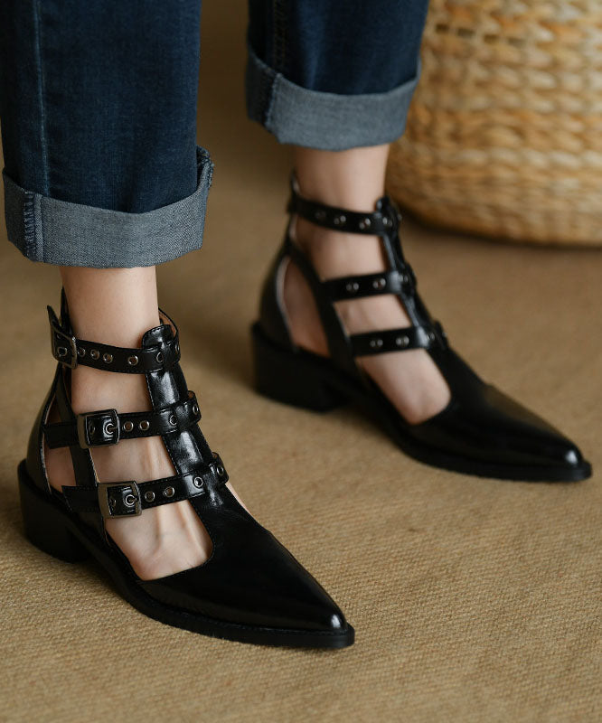 Frauen Spitzschuh Reißverschluss Spleißen Chunky Sandalen Schwarz Rindsleder