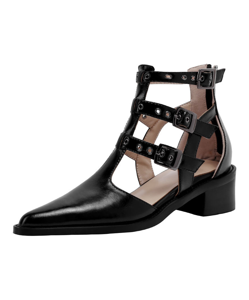 Frauen Spitzschuh Reißverschluss Spleißen Chunky Sandalen Schwarz Rindsleder