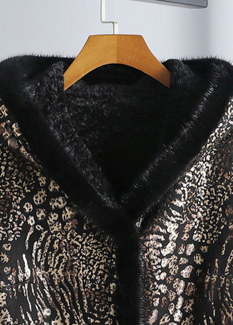 Frauen Print Button Nerz Samt Leder und Pelz Kapuzenmäntel Winter