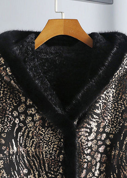 Frauen Print Button Nerz Samt Leder und Pelz Kapuzenmäntel Winter