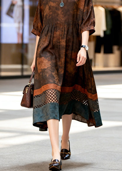Women Print Hollow Out Patchwork Cotton Dress Summer