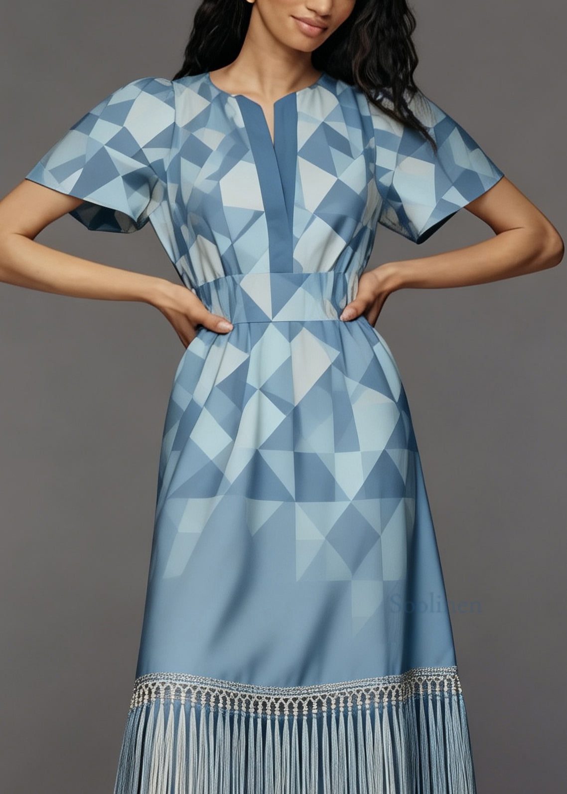Women Print O Neck Tassel Patchwork Cotton Long Dresses Summer
