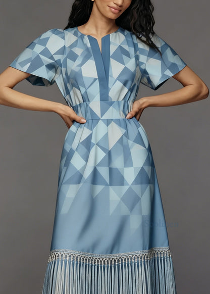 Women Print O Neck Tassel Patchwork Cotton Long Dresses Summer