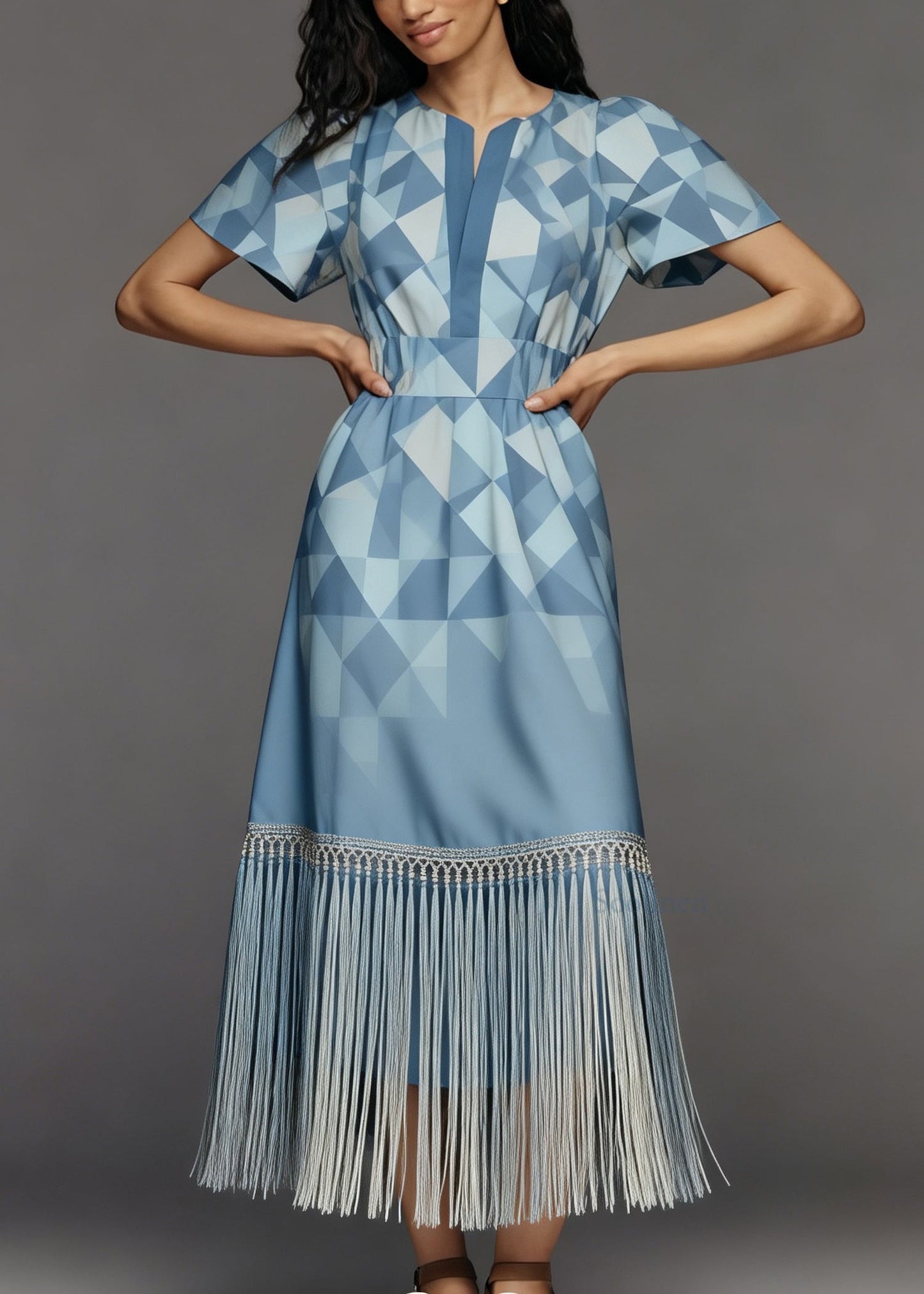 Women Print O Neck Tassel Patchwork Cotton Long Dresses Summer