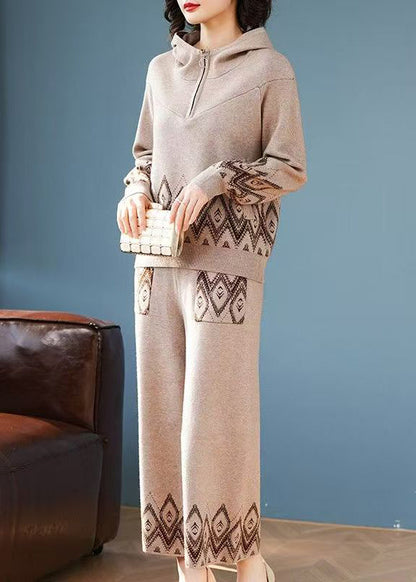 Conjunto de dos piezas de abrigo con capucha y pantalones anchos de punto de algodón con estampado de patchwork para mujer, primavera