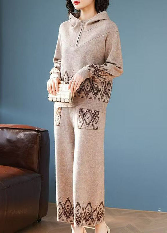 Conjunto de dos piezas de abrigo con capucha y pantalones anchos de punto de algodón con estampado de patchwork para mujer, primavera