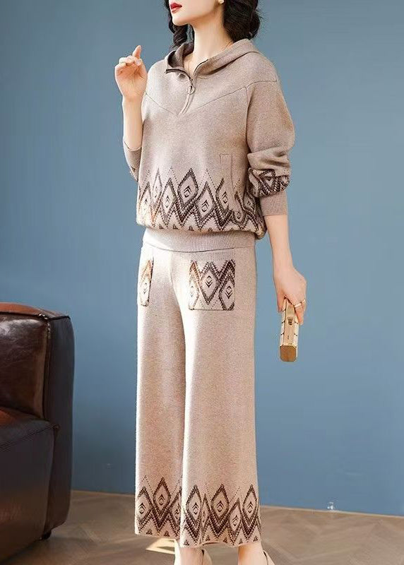 Conjunto de dos piezas de abrigo con capucha y pantalones anchos de punto de algodón con estampado de patchwork para mujer, primavera