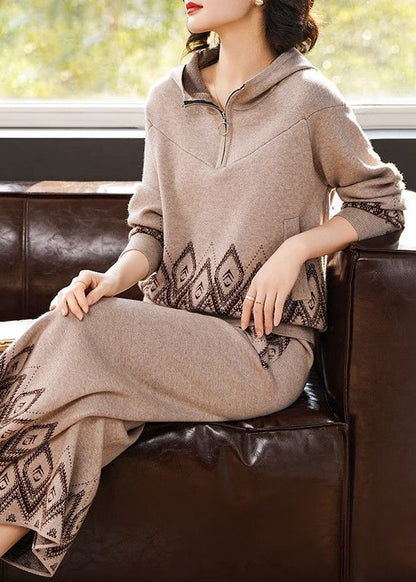 Conjunto de dos piezas de abrigo con capucha y pantalones anchos de punto de algodón con estampado de patchwork para mujer, primavera