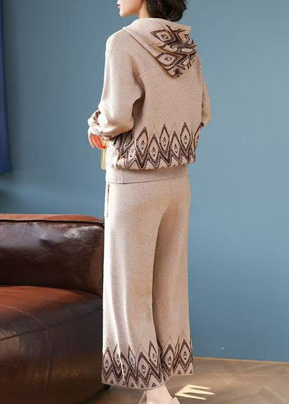 Conjunto de dos piezas de abrigo con capucha y pantalones anchos de punto de algodón con estampado de patchwork para mujer, primavera