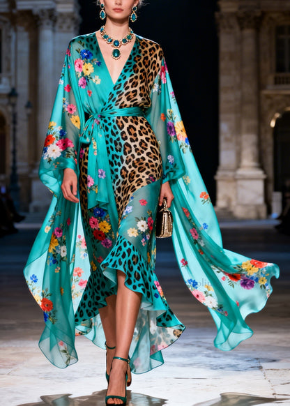 Women Print Ruffled Patchwork Tie Waist Chiffon Dress Summer