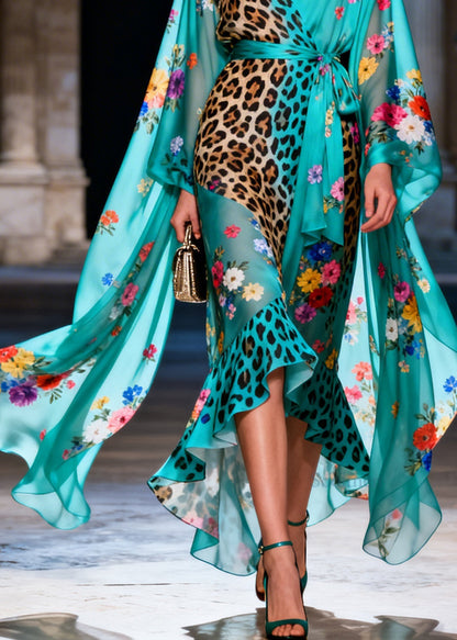 Women Print Ruffled Patchwork Tie Waist Chiffon Dress Summer