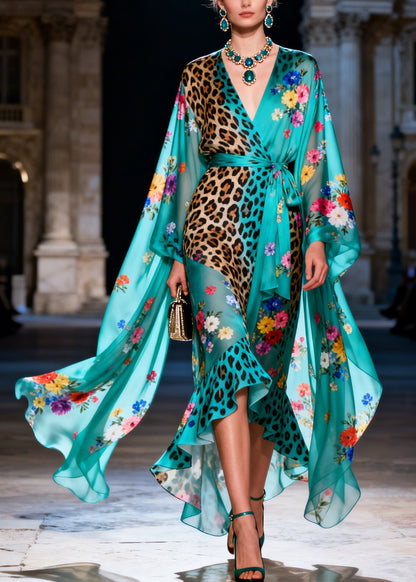 Women Print Ruffled Patchwork Tie Waist Chiffon Dress Summer