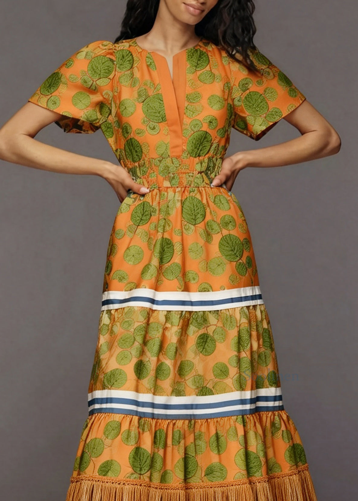 Women Print Tasseled Patchwork Cotton Holiday Dress Summer