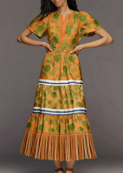 Women Print Tasseled Patchwork Cotton Holiday Dress Summer