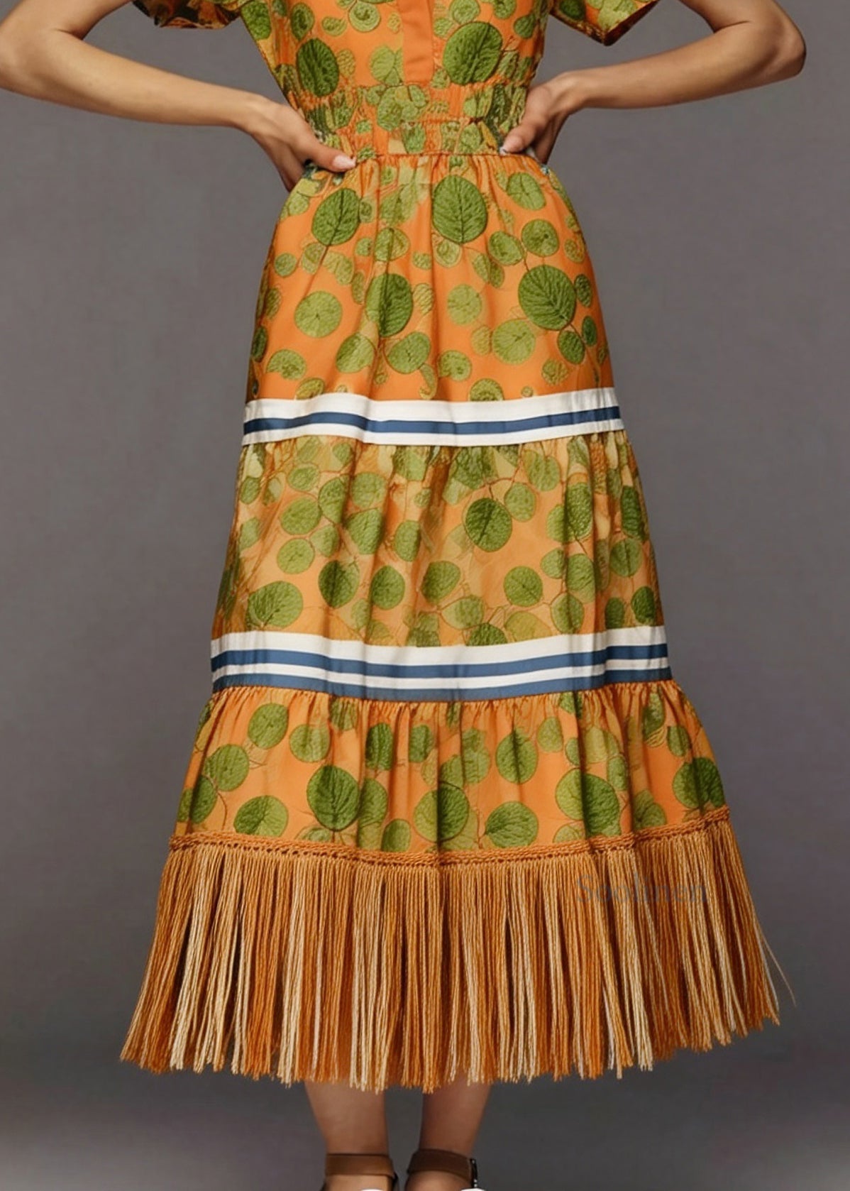 Women Print Tasseled Patchwork Cotton Holiday Dress Summer