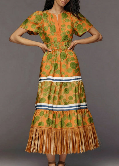 Women Print Tasseled Patchwork Cotton Holiday Dress Summer