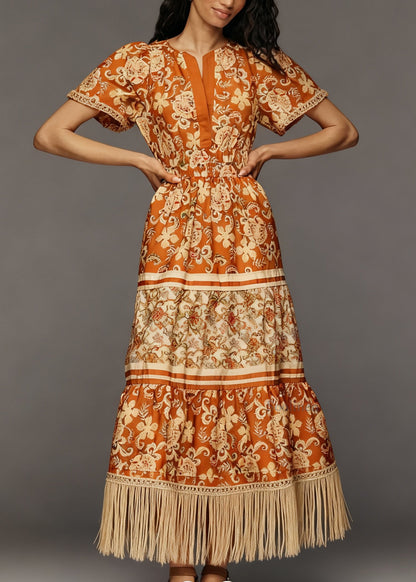 Women Print Tasseled Patchwork Cotton Long Dress Summer