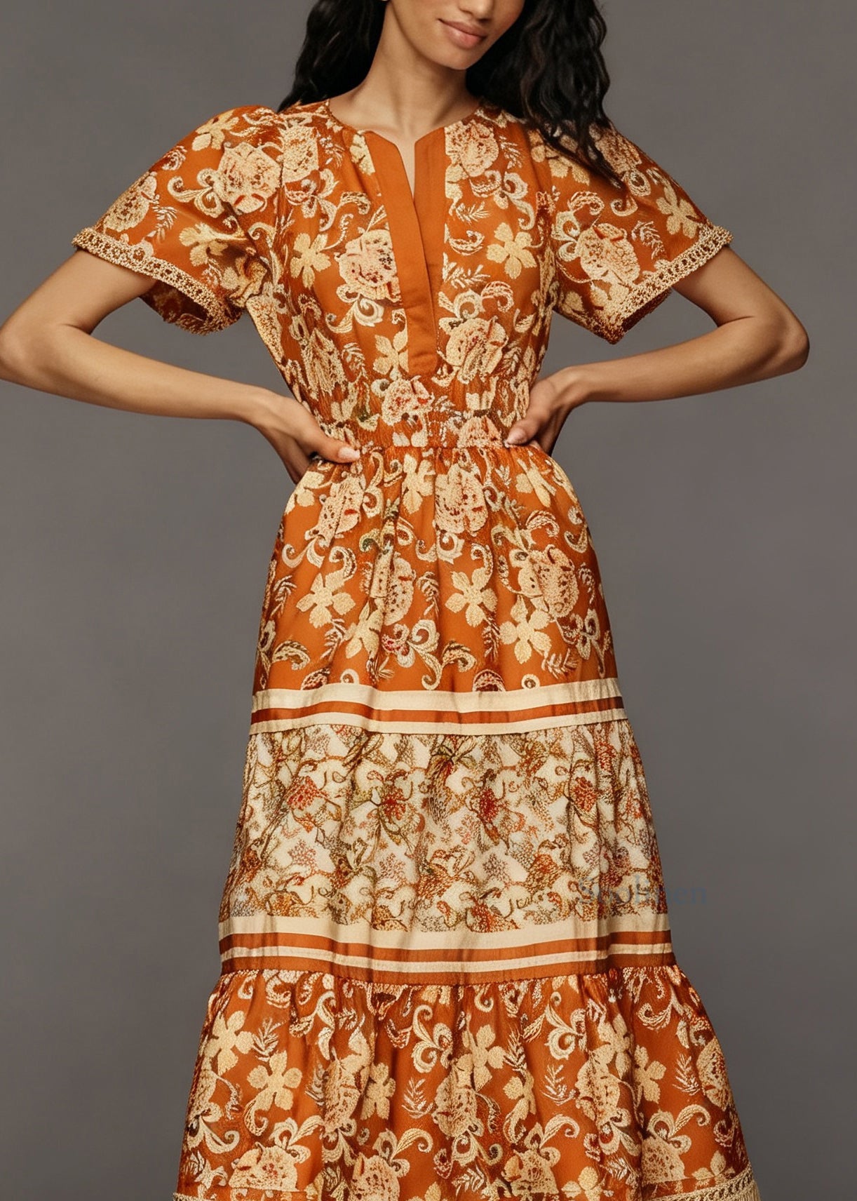 Women Print Tasseled Patchwork Cotton Long Dress Summer