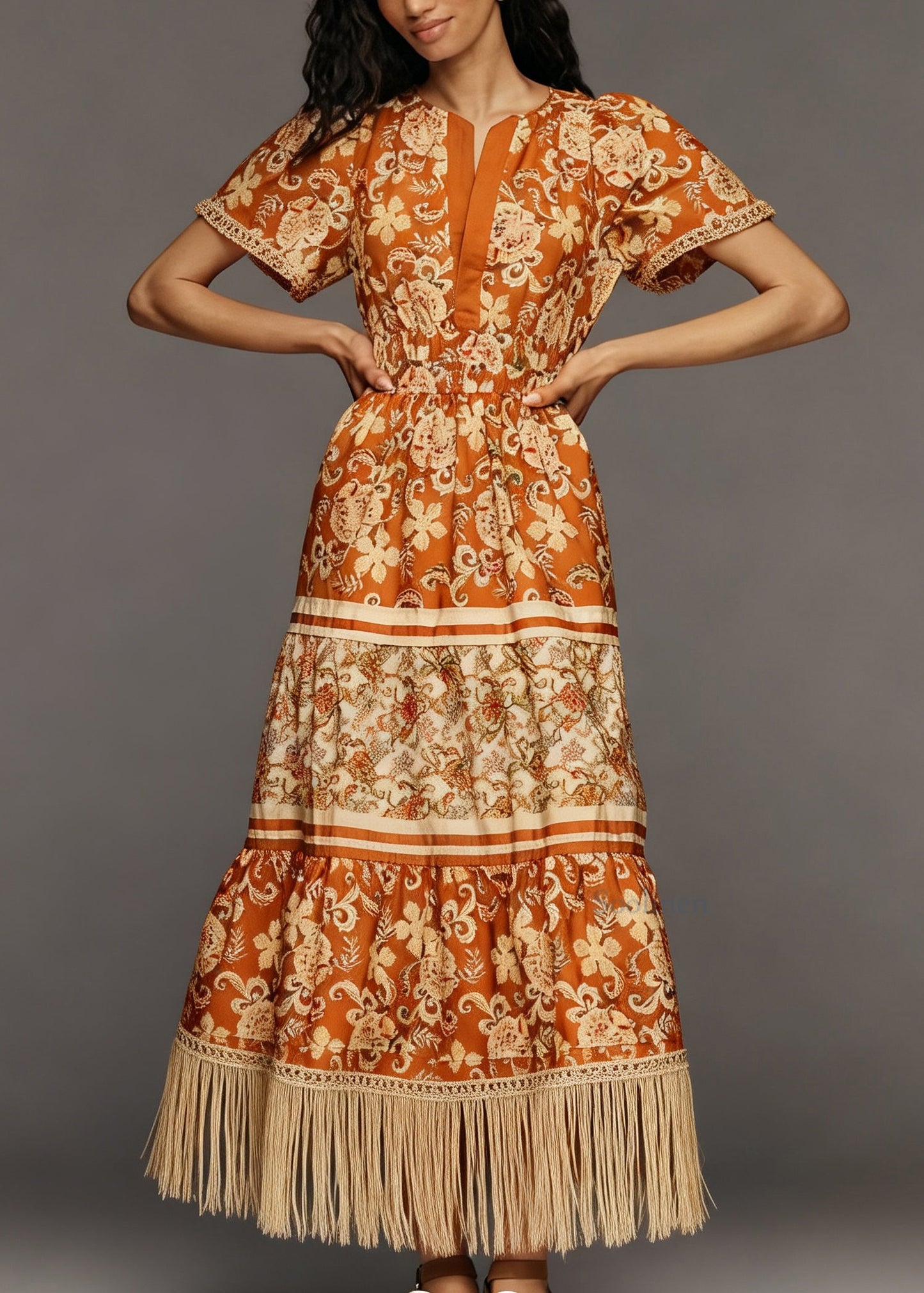 Women Print Tasseled Patchwork Cotton Long Dress Summer