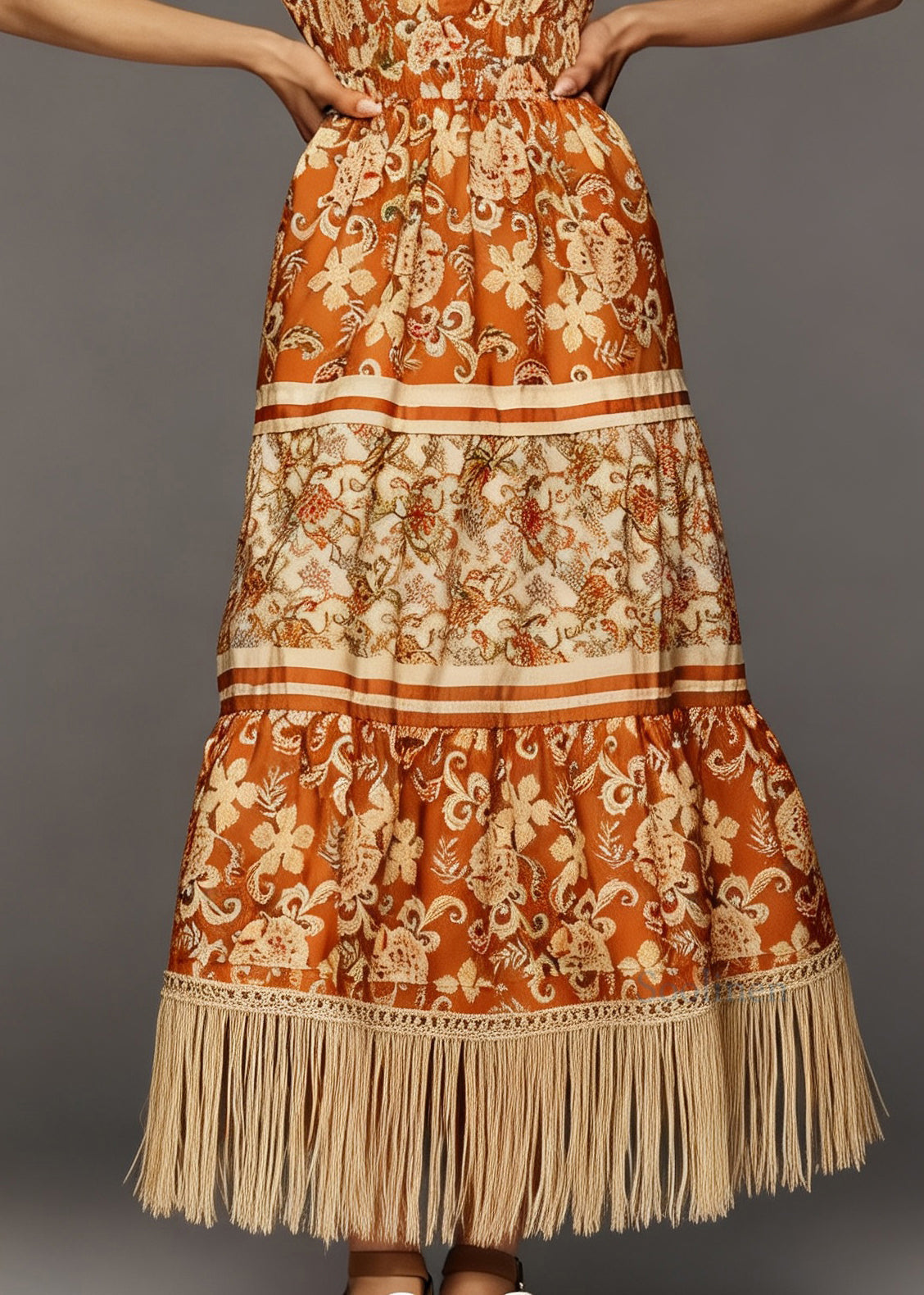 Women Print Tasseled Patchwork Cotton Long Dress Summer