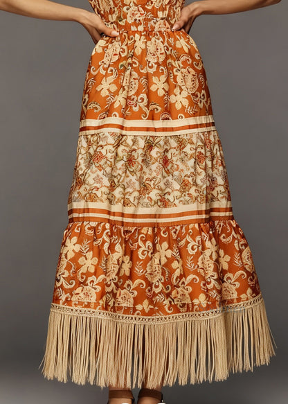 Women Print Tasseled Patchwork Cotton Long Dress Summer