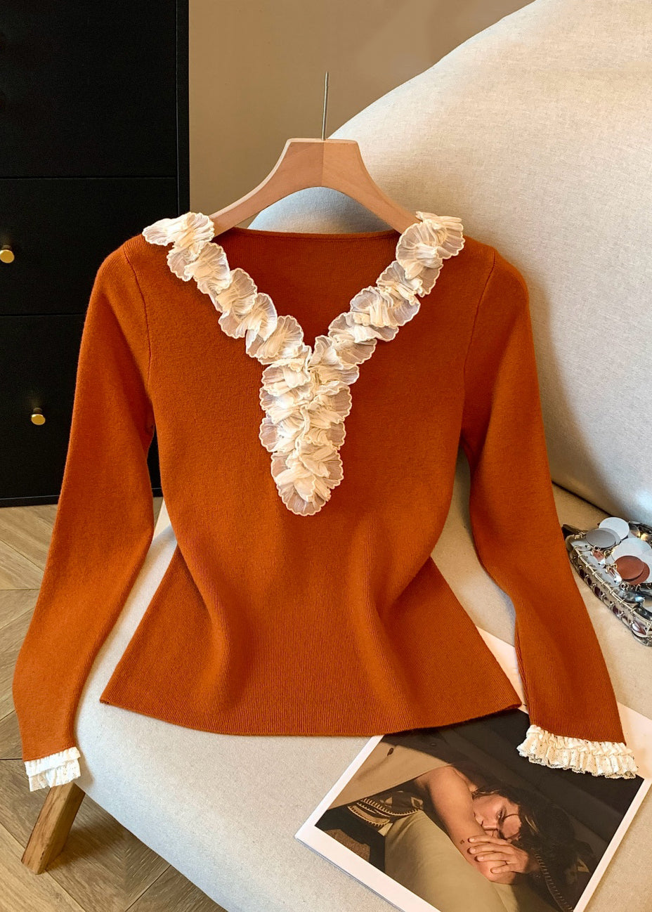 Women Pumpkin Color V Neck Ruffled Patchwork Knitting Cotton T Shirt Fall